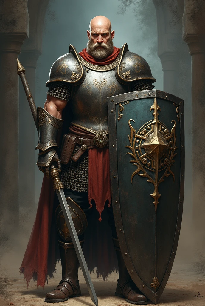 Male knight, medieval, british armor, big shield and lance, blue eyes, bald, blonde short beard, young, realistic art, shirtless