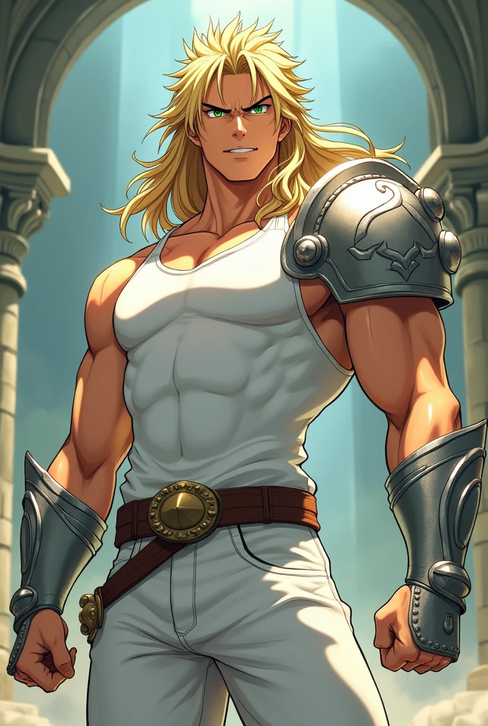 fair-skinned male, greeneyes, angry look, blonde hair long, wearing a white tank top, wearing white pants, wearing silver chest armor, Knights of the Zodiac style, anime styling, Full-body image