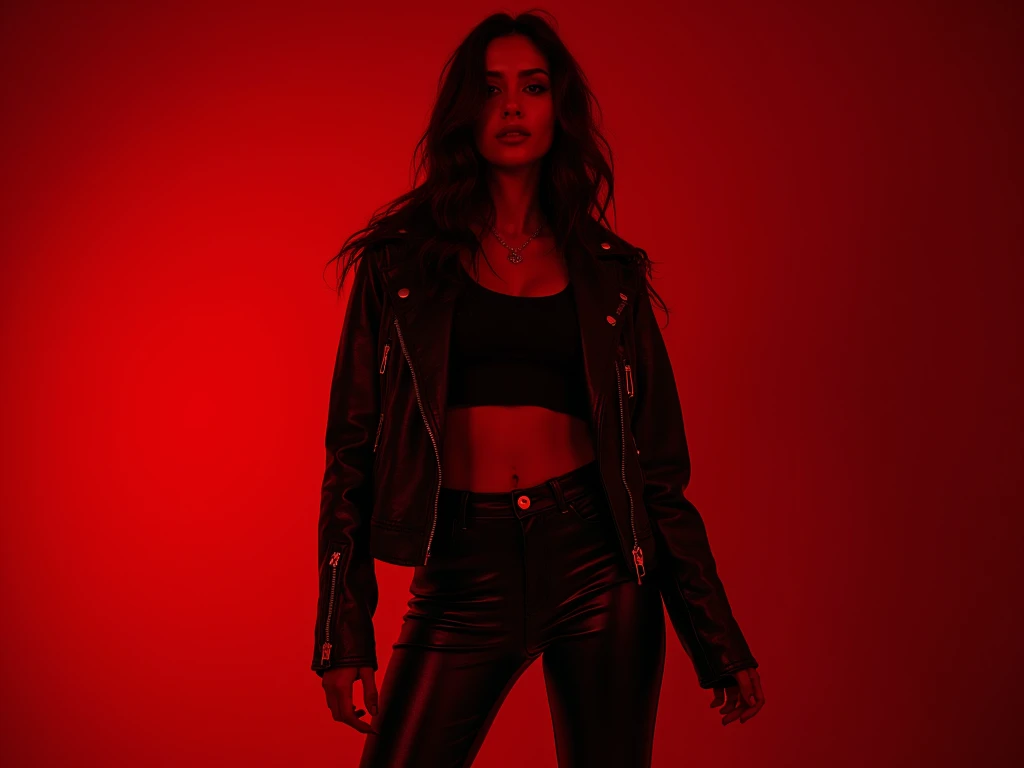 film photo, documentary drama portrait, a woman in high heels and leather jeans and t-shirt and biker jacket, heels, sexy posing, seductive posing, red light,