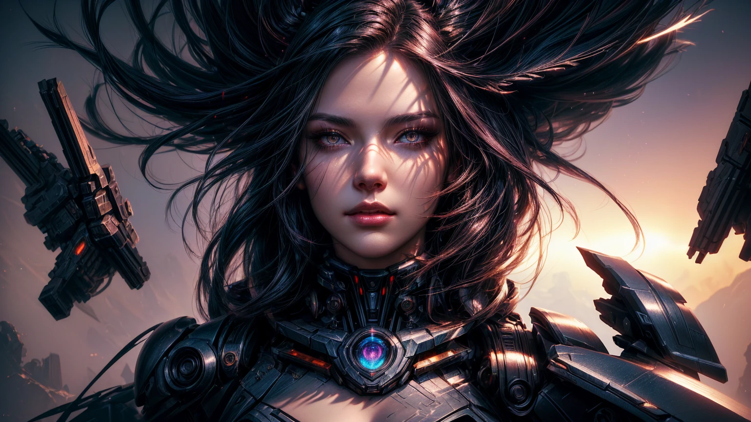 mecha raven style hairs, steel mechanical raven head with hairs, sci-fi, a close up of a sexy woman - sci-FI  with a sci fiorer on her face, Mechanical raven IN HAIRS, glowing light feathers in hairs, fiol glowing eyes, hd , cinematic, cinematic light, dinamic, rossdraws portrait, fantasy concept art portrait, wojtek fus, rossdraws 2. 0, rossdraws 1. 0, rossdraws digital painting, epic fantasy digital art style, cgsociety portrait, rossdraws global illumination, :: rossdraws, alexandra fomina artstation