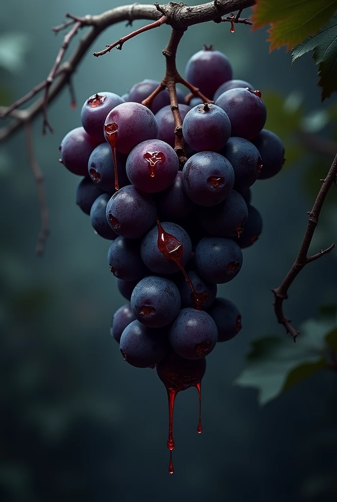 Hanging bunch of grapes dripping blood