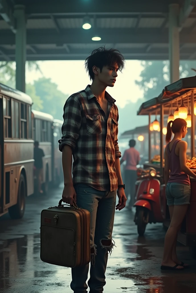 High-definition virtual image of a handsome Thai man with messy hair, not smiling, looking lonely, wearing a plaid shirt and ripped jeans, carrying a suitcase at the bus station. There are buses, rickshaws, motorcycles, and a beautiful female vendor offering grilled chicken and smiling.