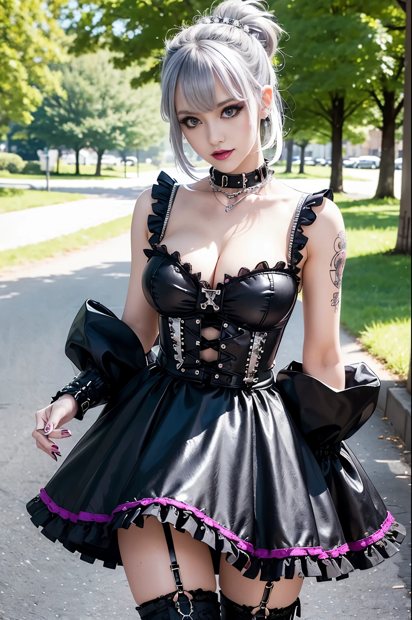 (nsfw), sexy stylish Swedish model, only 1 female, ((doll-like appearance)), short purple stylish hair, ((shiny Punk-Style boots)), (big smile), ultra detailed eyes, Punk makeup, lipgloss, ((sexy Punk ta cosplay)), unconventional skirt, petticoats, high neckline, ((ultra detailed lace)), ((ultra detailed embroidery)), intricate details, tartan patterns, (silver chains), (silver spikes), (safety pins), Punk Loliccessoires, Punk Lolita cr, ((large sparkling Punk Lolita jewel, cinematic light, detailed large park background with trees