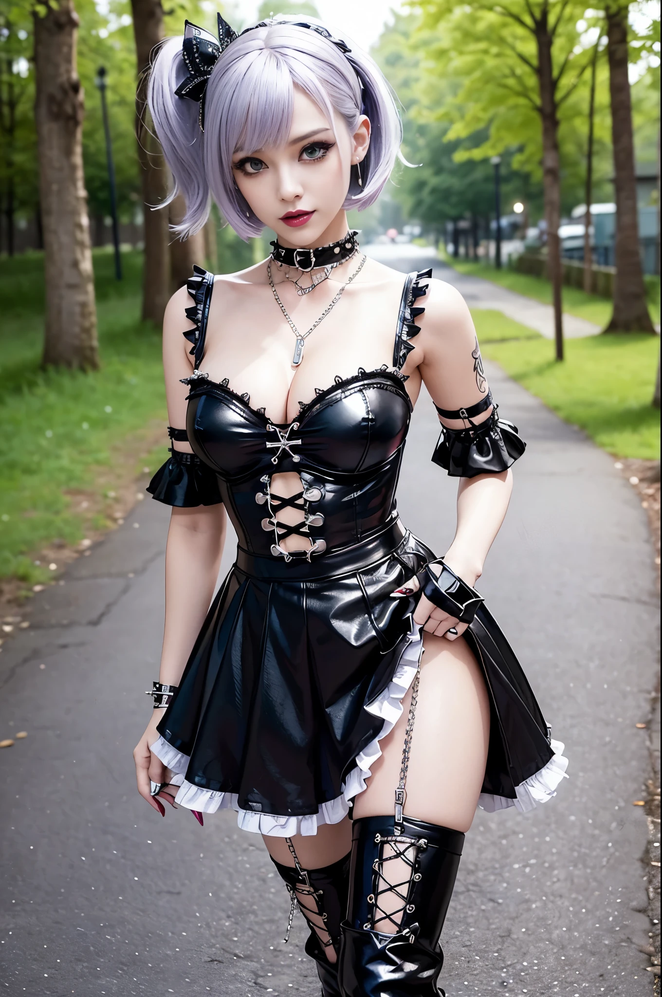 (nsfw), sexy stylish Swedish model, only 1 female, ((doll-like appearance)), short purple stylish hair, ((shiny Punk-Style boots)), (big smile), ultra detailed eyes, Punk makeup, lipgloss, ((sexy Punk ta cosplay)), unconventional skirt, petticoats, high neckline, ((ultra detailed lace)), ((ultra detailed embroidery)), intricate details, tartan patterns, (silver chains), (silver spikes), (safety pins), Punk Loliccessoires, Punk Lolita cr, ((large sparkling Punk Lolita jewel, cinematic light, detailed large park background with trees