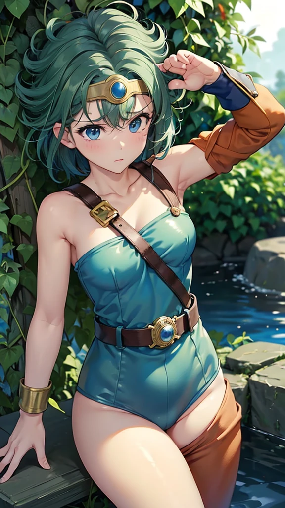 (((SFW、sound、Highest quality、Top notch work、Normal body、、Detailed face、Ultra-precision、normal hand、Normal refer、5refer、Highest)))、beautiful girl、Black Hair、yamato nadeshiko、Small breasts、Shortcuts、Blue leotard、Shoulder Off、Red Cape、Circlet、Dragon Quest、forest、(((stone punishment,His hands are tied with vines、Both legs are tied with vines)))