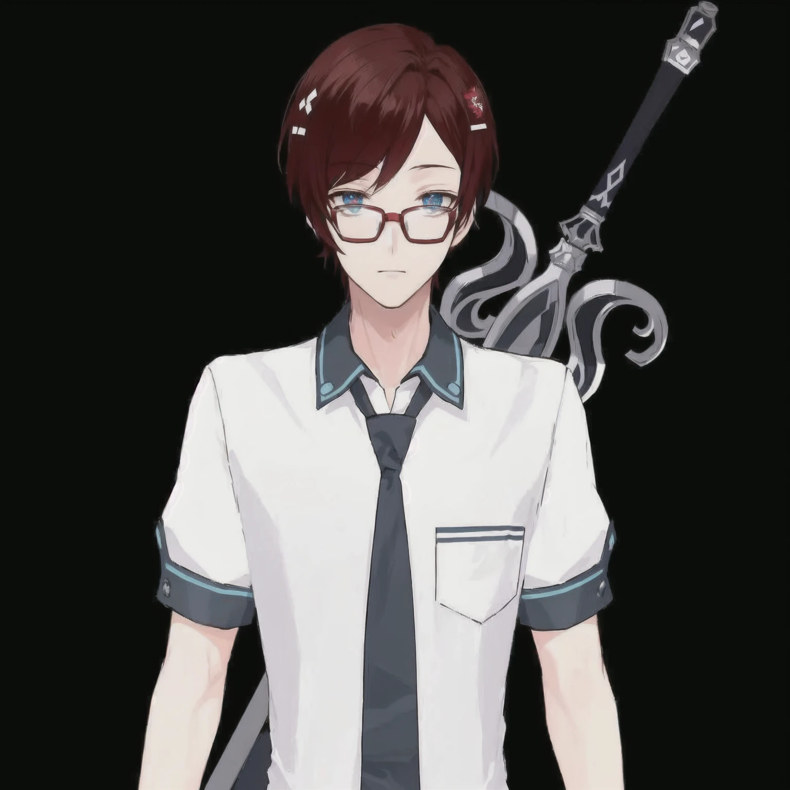 anime character with a sword and glasses standing in front of a sky background, inspired by Okumura Togyu, inspired by Okumura Masanobu, single character full body, gapmoe yandere, jk uniform, as an anime character, inspired by Awataguchi Takamitsu, magical school student uniform, tall anime guy with blue eyes, red hair