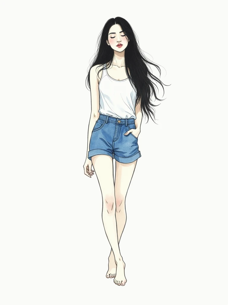Minimalist Beauty: A Line Art and Watercolor Creation Here's a detailed description of the minimalist artwork you envisioned: Central Figure: Simple Line Art: The beautiful woman is rendered in a simple line art style. This focuses on the essential lines that define her figure and posture. Imagine flowing lines that capture the gentle curve of her back, the relaxed position of her legs, and the cascade of her hair. Watercolor Pencil Colors: Minimal splashes of watercolor pencil colors are used to add subtle depth and emotion to the artwork. Color Palette: Limited and Elegant: The color palette remains minimalist, focusing on black, white, and a single blue hue. Black Outline: The lines defining the woman's outline, hair, and facial features are rendered in black pencil. White Background: The background remains a clean white, emphasizing the simplicity and elegance of the artwork. Blue Shorts: A touch of blue watercolor pencil adds a pop of color to the woman's outfit, highlighting her blue shorts. Details and Expression: Pretty Expression: Despite her eyes being closed, the line art subtly conveys a pretty and serene expression on her face. Imagine a slight upturn of her closed lips and a relaxed curve in her brows. Long Black Hair: The woman's long black hair is depicted flowing down her back and reaching the ground. The black line art could be used to create elegant, cascading lines that capture the movement and texture of her hair. Overall Impression: This artwork would be a captivating example of minimalist beauty. The combination of simple line art and subtle watercolor pencil color conveys a sense of elegance and serenity. The woman's pose, with her eyes closed and hair flowing, evokes a feeling of peacefulness and contemplation. The minimalist approach allows the viewer to appreciate the pure form and beauty of the subject.