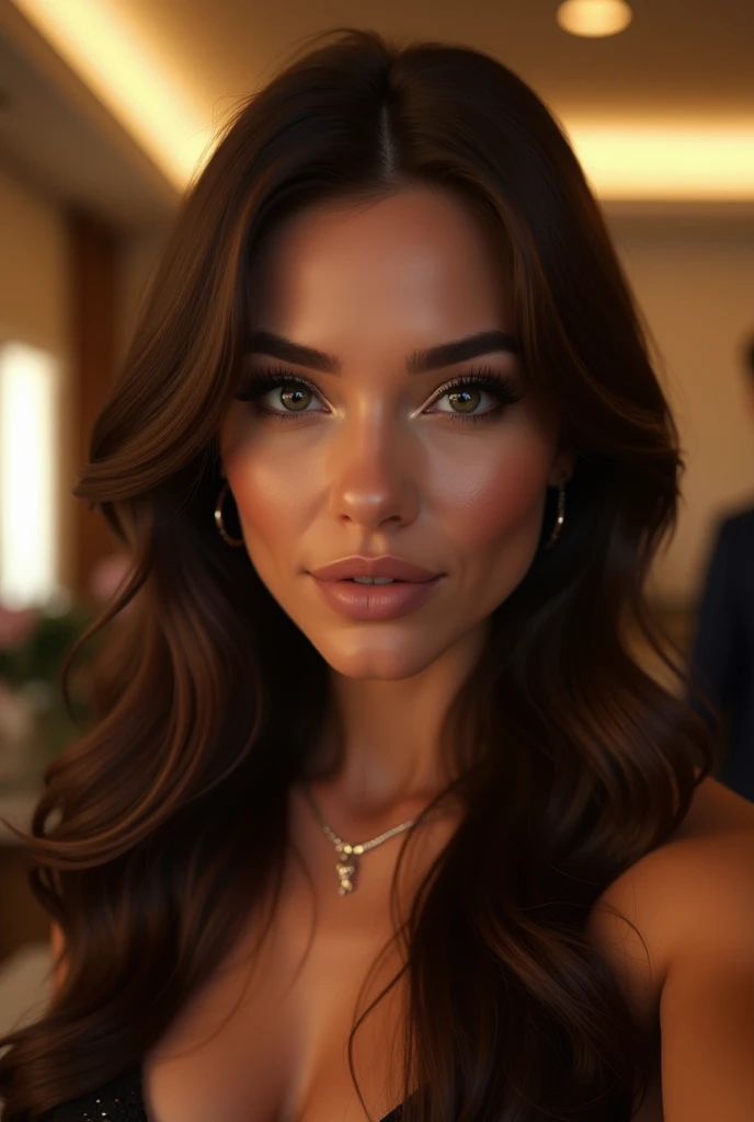 1wife, (realistic:1.5) wife (autoportrait du visage:1.4) Selfie, photo de visage avec une belle coiffure aux cheveux longs, maquillage parfait, la nuit, dressed for the party, in a 5 star hotel