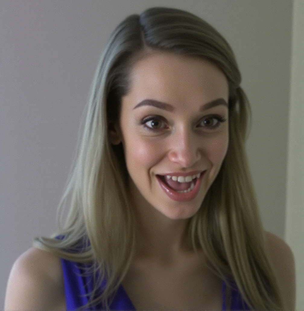 a detailed beautiful sexy evil woman, long blonde hair, eyebrows raised seductively, perfect teeth, big teeth, wearing a blue dress, mouth opened as wide as possible, happily laughing, cinematic lighting, hyper realistic, 8k hd resolution, highly detailed, photorealistic, masterpiece, cartoonishly big round eyes