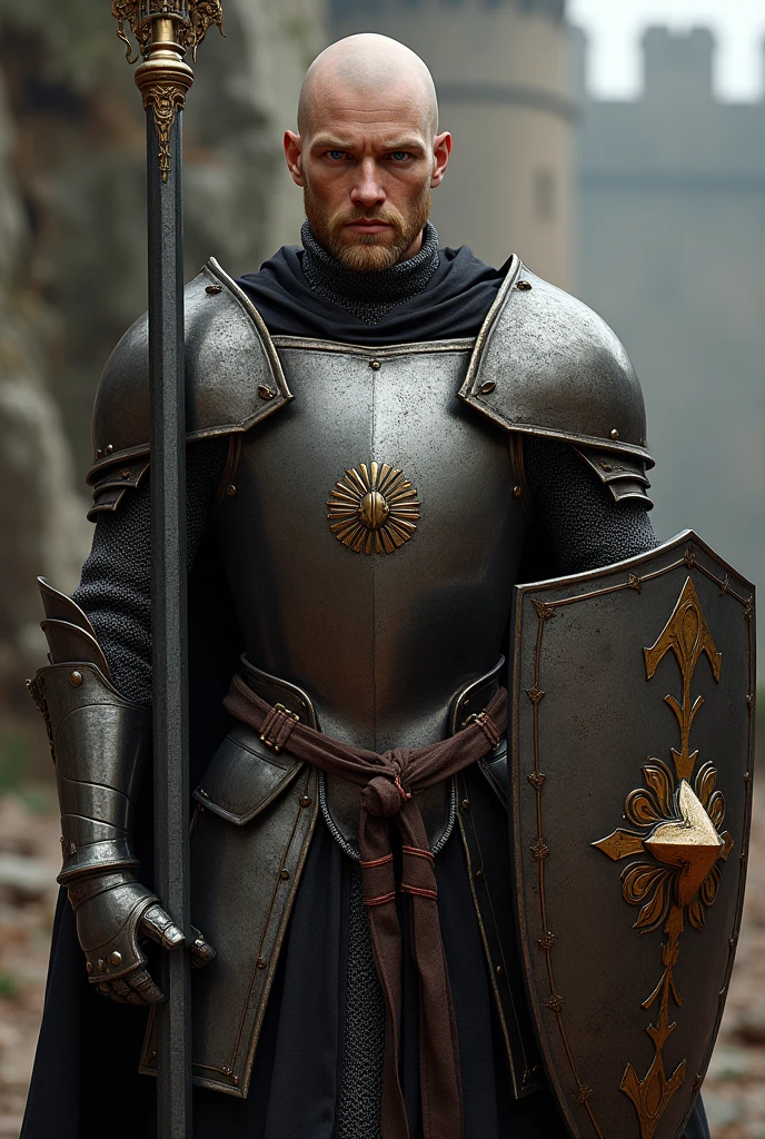 Male knight, medieval, british armor, big shield and lance, blue eyes, bald, blonde short beard, young, realistic art, shirtless