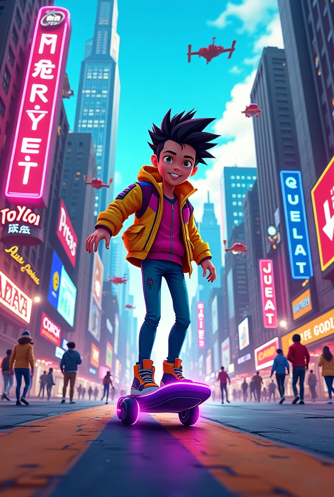 Create a vibrant cartoon scene set in a bustling city. The image should feature a young character with spiky hair, wearing a colorful jacket, and riding a futuristic hoverboard down a busy street. The city should have tall skyscrapers with neon signs, flying cars in the sky, and other characters walking or interacting in the background. The colors should be bold and bright, giving the scene a lively and energetic feel."