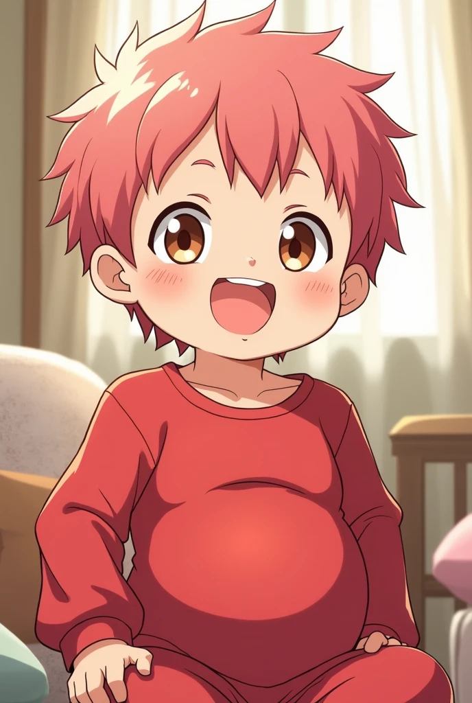 boy, Smile, Itadori Yuji, pijama Red , brown eyes, pink hair, short hair, anime style jujutsu kaisen. Pregnant six months