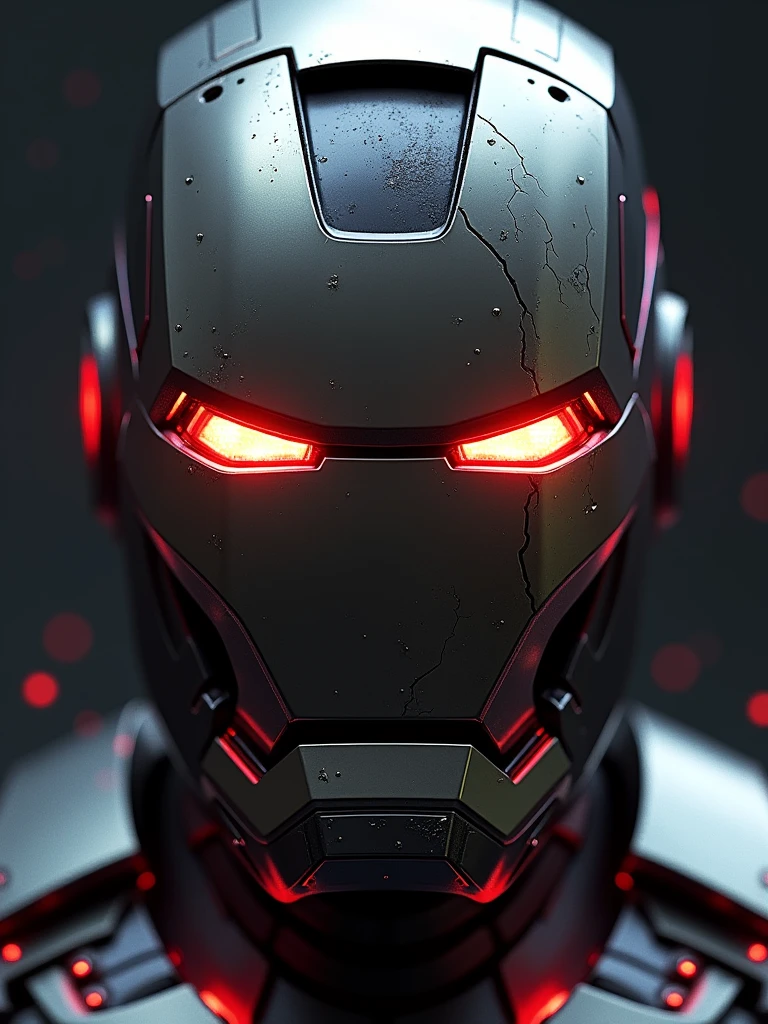 Digital artwork featuring a close-up of a futuristic, robotic helmet of Iron-Man with a sleek, metallic design. The helmet is predominantly dark with sharp, angular lines and a glossy finish. The eyes of the helmet are illuminated with a bright, fiery red light, giving it an intense and menacing appearance. Additional red light accents are present around the mouth and jaw area, enhancing the high-tech aesthetic. The background is dark, with subtle red sparks and scratches adding a sense of wear and battle damage to the helmet. The overall composition is centered and symmetrical, focusing on the helmet's front view.