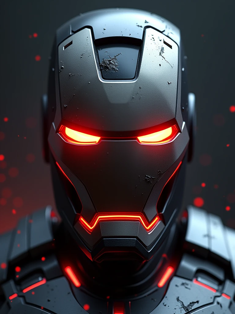 Digital artwork featuring a close-up of a futuristic, robotic helmet of Iron-Man with a sleek, metallic design. The helmet is predominantly dark with sharp, angular lines and a glossy finish. The eyes of the helmet are illuminated with a bright, fiery red light, giving it an intense and menacing appearance. Additional red light accents are present around the mouth and jaw area, enhancing the high-tech aesthetic. The background is dark, with subtle red sparks and scratches adding a sense of wear and battle damage to the helmet. The overall composition is centered and symmetrical, focusing on the helmet's front view.