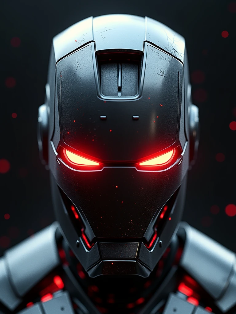 Digital artwork featuring a close-up of a futuristic, robotic helmet of Iron-Man with a sleek, metallic design. The helmet is predominantly dark with sharp, angular lines and a glossy finish. The eyes of the helmet are illuminated with a bright, fiery red light, giving it an intense and menacing appearance. Additional red light accents are present around the mouth and jaw area, enhancing the high-tech aesthetic. The background is dark, with subtle red sparks and scratches adding a sense of wear and battle damage to the helmet. The overall composition is centered and symmetrical, focusing on the helmet's front view.