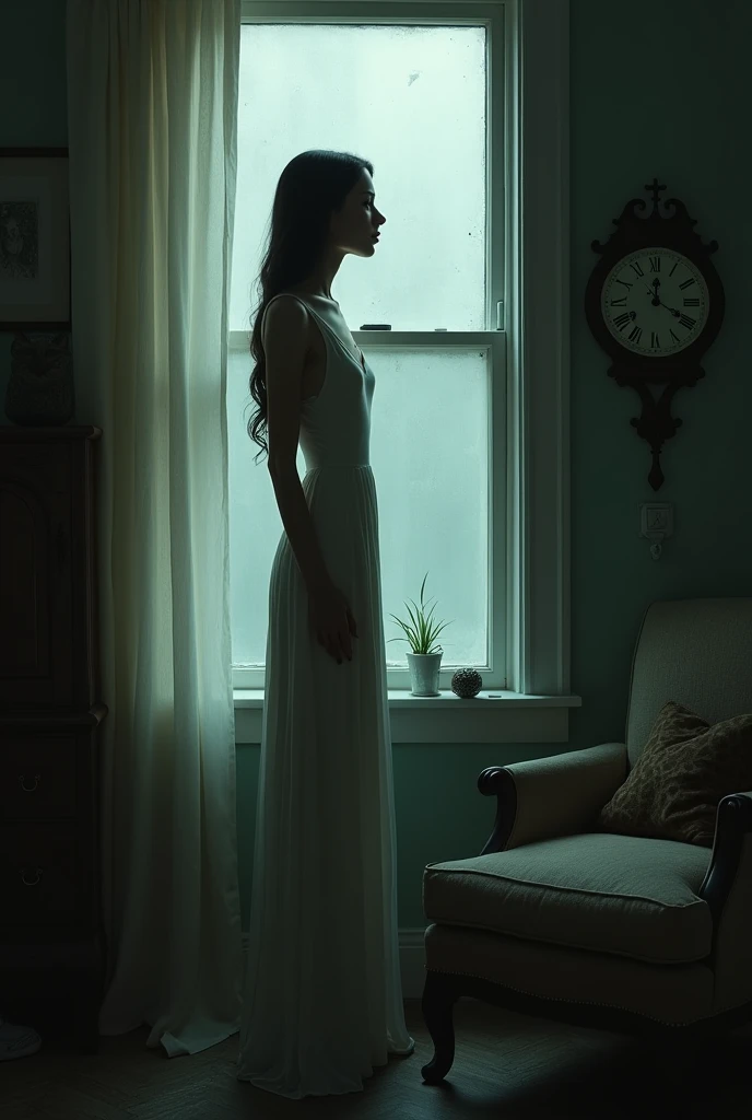 ((best quality)), ((masterpiece)), (detailed), long shot, nude pale women, big , tentacles face, very tall, very long black hair, flying upside down, alone in gloomy dark mist creepy abandoned bedroom,wearing transparent, artistic, extra details, ultra details