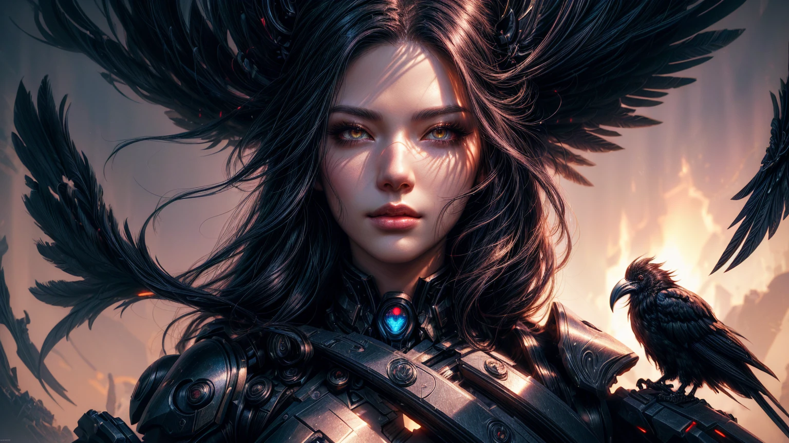 fantasy raven style hairs, steel mechanical raven head with hairs, sci-fi, a close up of a sexy woman - sci-FI  with a sci fiorer on her face, Mechanical raven IN HAIRS, glowing light feathers in hairs, fiol glowing eyes, hd , cinematic, cinematic light, dinamic, rossdraws portrait, fantasy concept art portrait, wojtek fus, rossdraws 2. 0, rossdraws 1. 0, rossdraws digital painting, epic fantasy digital art style, cgsociety portrait, rossdraws global illumination, :: rossdraws, alexandra fomina artstation