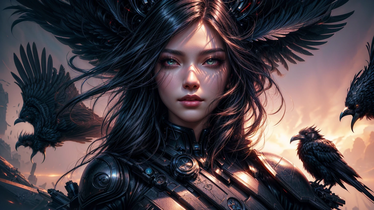 fantasy raven style hairs, steel mechanical raven head with hairs, sci-fi, a close up of a sexy woman - sci-FI with a sci fiorer on her face, Mechanical raven IN HAIRS, glowing light feathers in hairs, fiol glowing eyes, hd , cinematic, cinematic light, dinamic, rossdraws portrait, fantasy concept art portrait, wojtek fus, rossdraws 2. 0, rossdraws 1. 0, rossdraws digital painting, epic fantasy digital art style, cgsociety portrait, rossdraws global illumination, :: rossdraws, alexandra fomina artstation