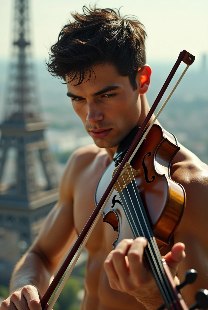 ((1 man homoerotic photoshot naked playing the violing on at the top of eifel tower)) ((the most sexy, seductive, lusty face gaze ever seen)) ((the most sexy, seductive, lusty smile ever seen)) in Kevin Sloan an roberto ferri style 8k resolution, full body, handsome, splendid naked, thin and ripped body, detailed realistic muscles, 20 years old. full body, male model. black hair, green eyes, male gaze. handsome. bodybuilder romanticism, symbols and metaphors. Beautiful details, quirky, distinctive images, stylistically diverse painting, Intricate detailsfull body, Pencil Sketches by Albert Eckhout enchanting young man, highly detailed beautyfull face, freedom, soul, digital illustration, approaching perfection , dynamic, highly detailed, watercolor painting, artstation, concept art, smooth, sharp focus, illustration in the style of artists like Russ Mills, Sakimichan, Wlop, Loish, Artgerm, Darek Zabrocki, and Jean-Baptiste Mong ((images that reflect the strength and masculinity of male models, seductive, sensual, sexy, lusty)) (homoerotism_fullbody_nsfw_seductive) Energy intense vibrant dark colors palette becoming the subject composition, A young man ((shirtless, pantless)) barefoot, 