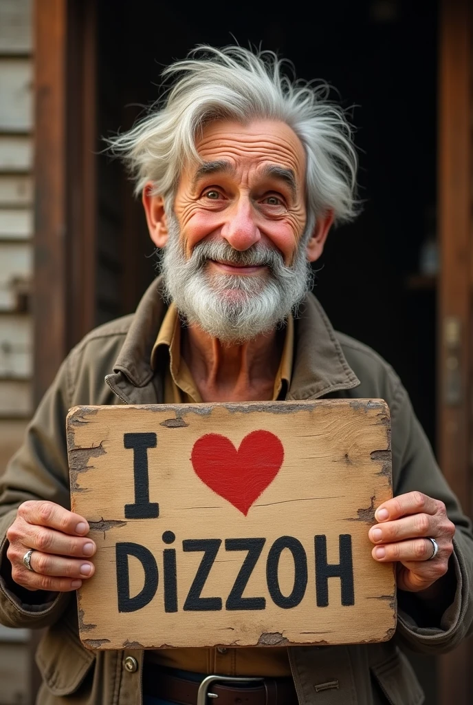 an old man holds up a board with the word (I love Dizzoh) written on it