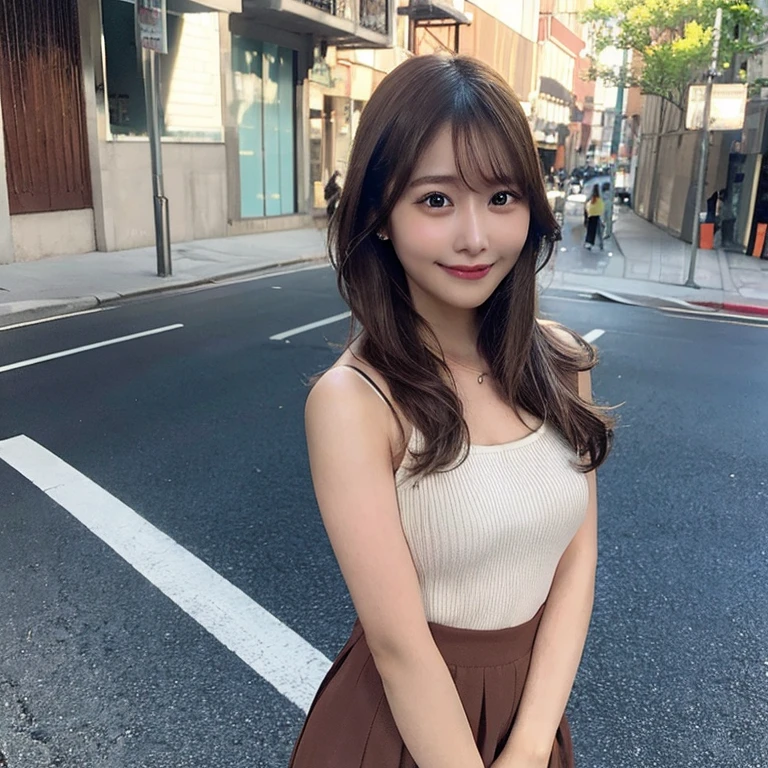 masterpiece, best quality, illustration, ultra-detailed, finely detailed, high resolution, 8K wallpaper, perfect dynamic composition, beautiful detailed eyes, Shibuya, trendy fashion, medium hair, stylish pose, smile, looking at camera, 1girl, selfie, taking_selfie, holding_smartphone, smartphone, solo, upper body, photorealistic
