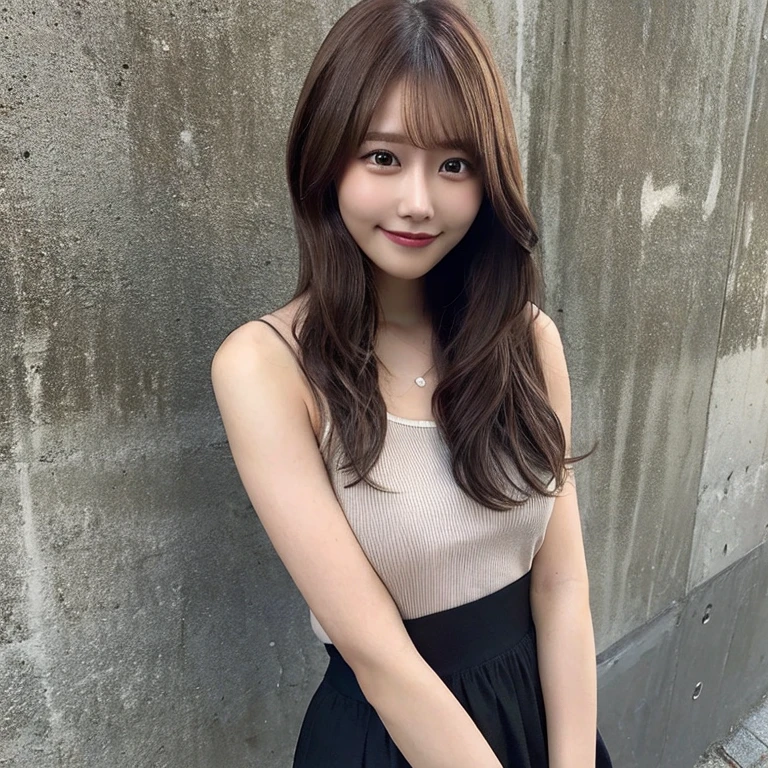 Top quality, 1 beautiful woman, long Hair, brown hair, wearing Camisole & skirt, shy-smile, Sunlight, at street,brown hair
