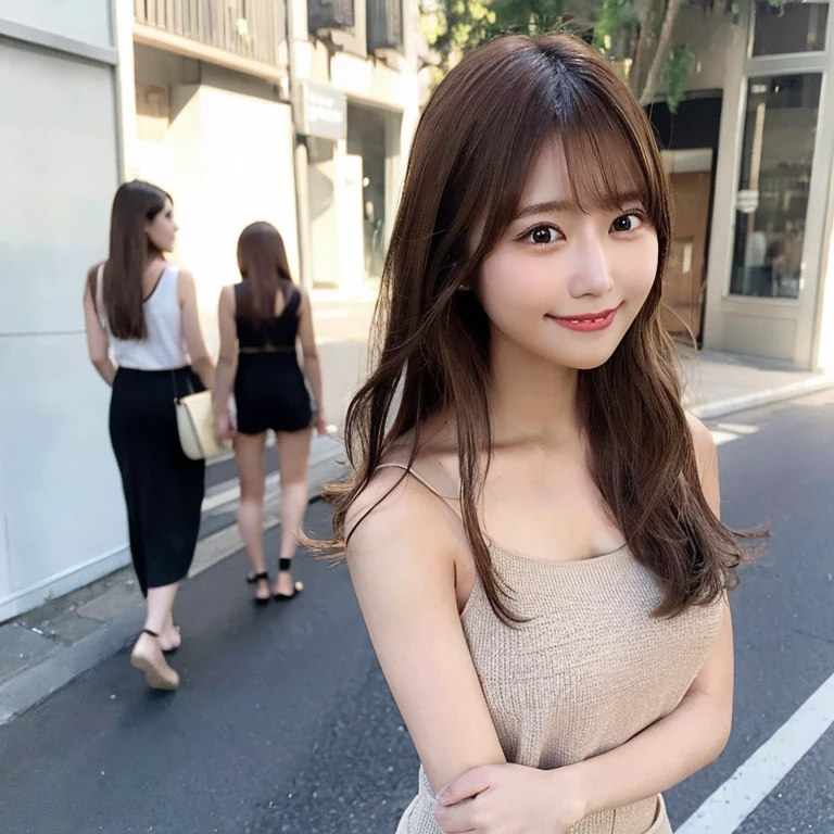 Top quality, 1 beautiful woman, long Hair, brown hair, wearing Camisole & skirt, shy-smile, Sunlight, at street,brown hair
