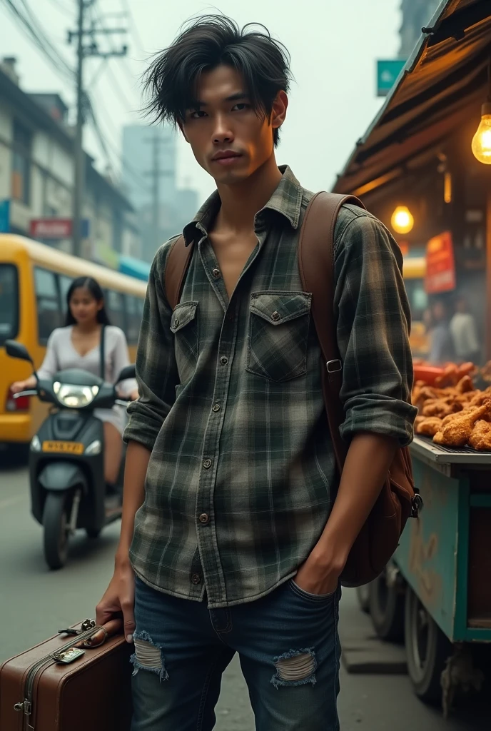 High-definition virtual image of a handsome Thai man with messy hair, not smiling, looking lonely, wearing a plaid shirt and ripped jeans, carrying a suitcase at the bus station. There are buses, rickshaws, motorcycles, and a beautiful female vendor offering grilled chicken and smiling.