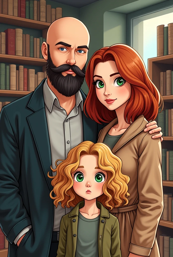 A family, A white man, Cao Cao, calvo, black beard, greeneyes, ao lado de uma mulher white de greeneyes com o cabelo castanho-acobreado, straight and without bangs parted in the middle, next to an 18 year old girl, white, greeneyes, curly and blonde hair, in a bookstore, illustration style, sticker

