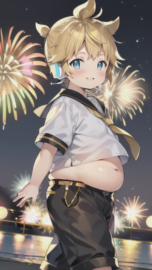 10 year old boy, Kagamine Len, cowboy shot, (plump), (chubby), chubby body, whole belly spilling over the waistband, ((over small sailor uniform)), short sleeves, (short pants), earphones, tie, (full blushed), parted lips, walking in a firework fair at night, seductive smile to the viewer