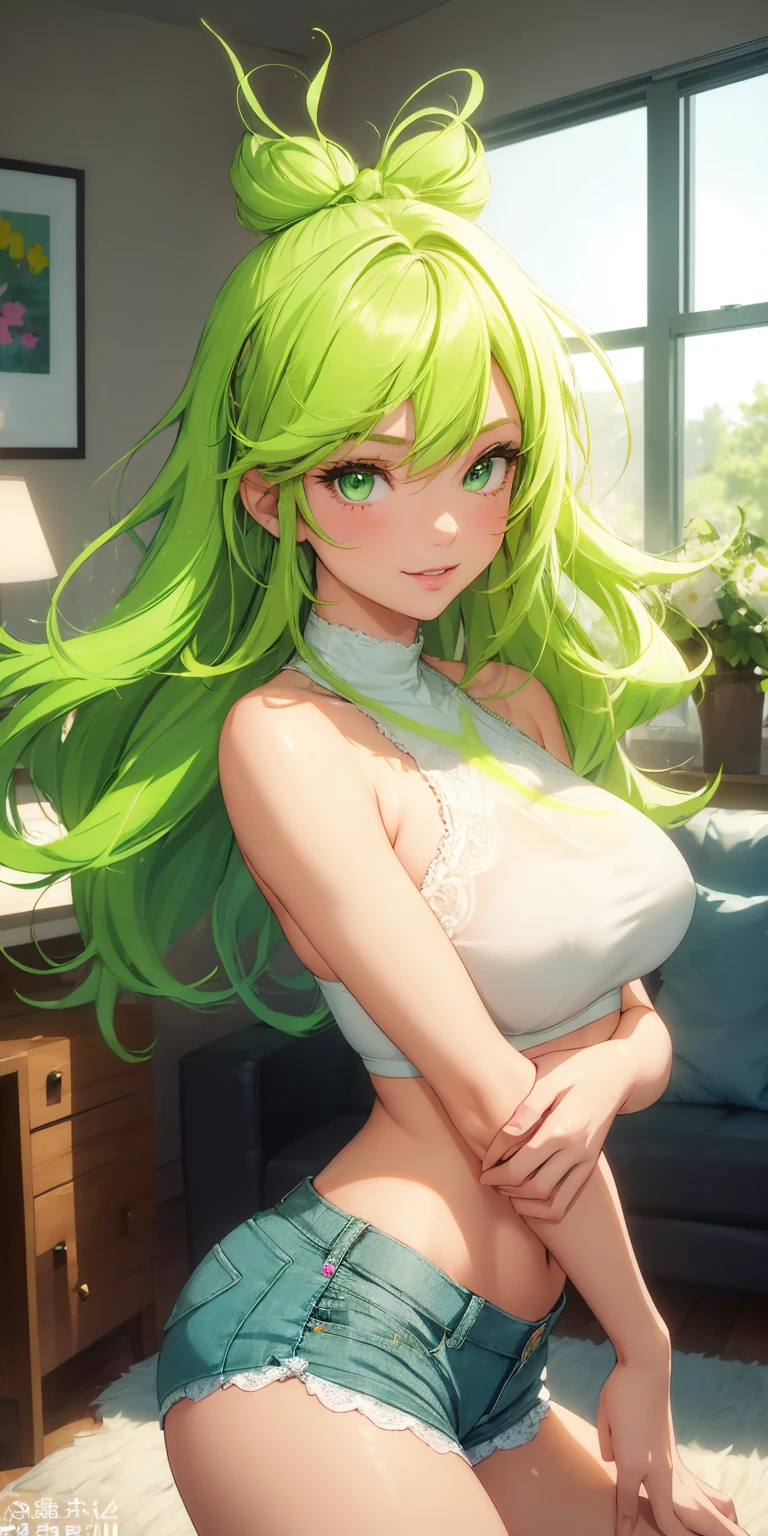 (((1 outgoing girl))), ((beautiful 25 year old with medium breasts)) solo, (((long neon green hair blown by the wind))), neon green eyes, short kawaii crop top, cute cute shorts, lace, looking at the viewer, luxurious, elegant, extremely detailed, pink lips, smiling, shy, feminine charm, blurry, beautiful house, living room, window, butterfly, beautiful flowers, depth of field, sensual and elegant pose