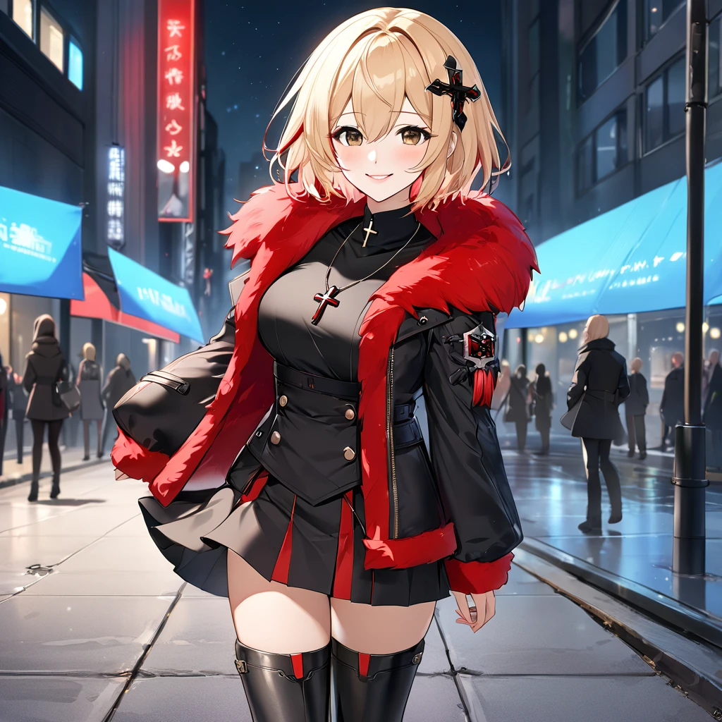 A woman wearing luxury red fur jacket, short red skirt, black leather boots, standing posture, blonde hair, short hair, red fringes, multi-colored hair, brown eyes, perfect lips, perfect eyes, wearing cross necklace black iron with red crystal, on a concrete sidewalk, building background, with variety of defocused yellow and blue lights, smiling, close view, (Azur_lane, KMS,Roon)
