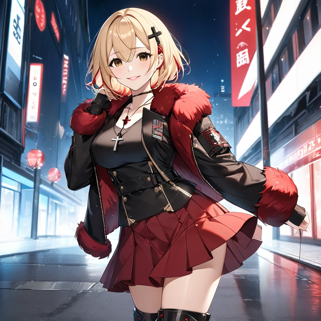 A woman wearing luxury red fur jacket, short red skirt, black leather boots, standing posture, blonde hair, short hair, red fringes, multi-colored hair, brown eyes, perfect lips, perfect eyes, wearing cross necklace black iron with red crystal, on a concrete sidewalk, building background, with variety of defocused yellow and blue lights, smiling, close view, (Azur_lane, KMS,Roon)
