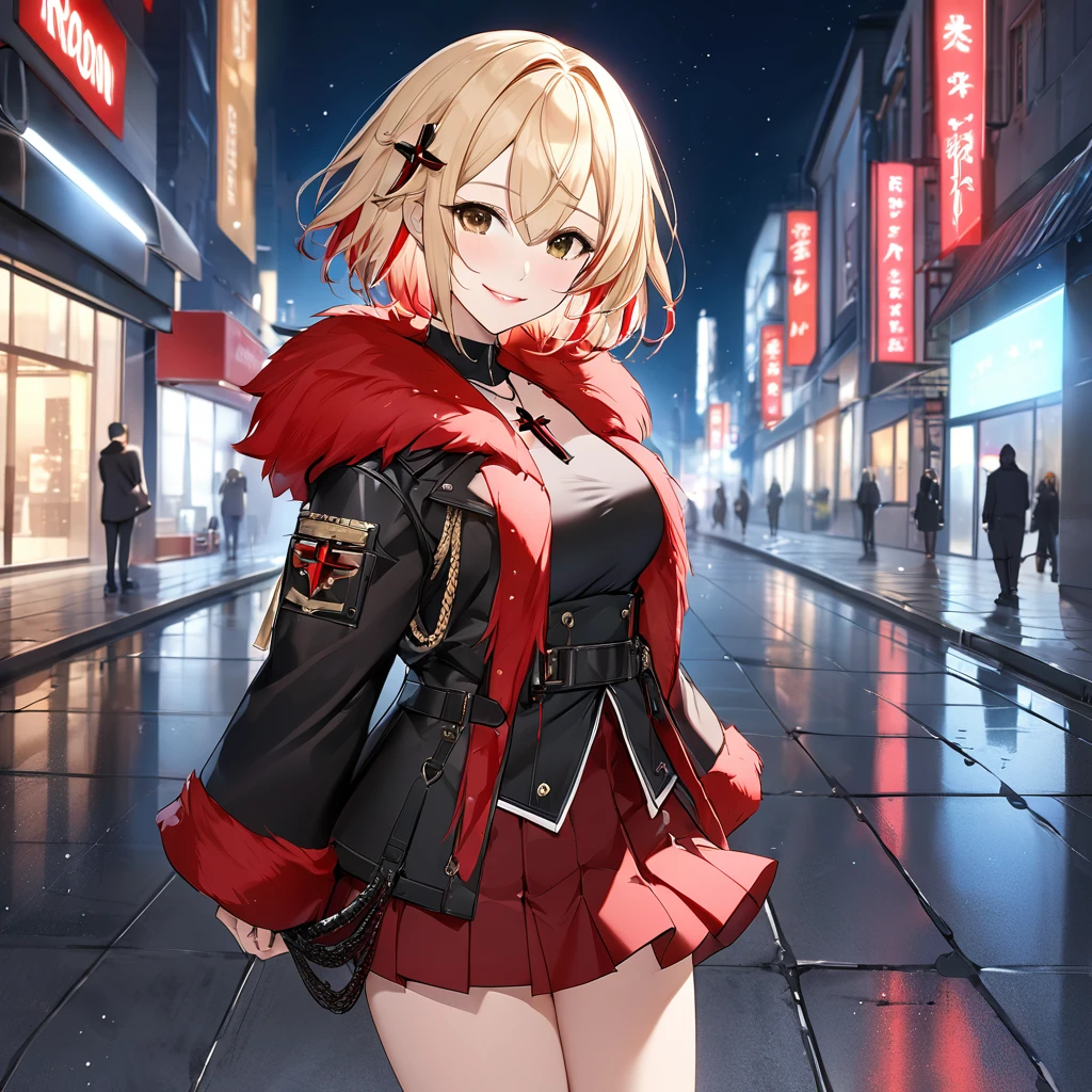 A woman wearing luxury red fur jacket, short red skirt, black leather boots, standing posture, blonde hair, short hair, red fringes, multi-colored hair, brown eyes, perfect lips, perfect eyes, wearing cross necklace black iron with red crystal, on a concrete sidewalk, building background, with variety of defocused yellow and blue lights, smiling, close view, (Azur_lane, KMS,Roon)
