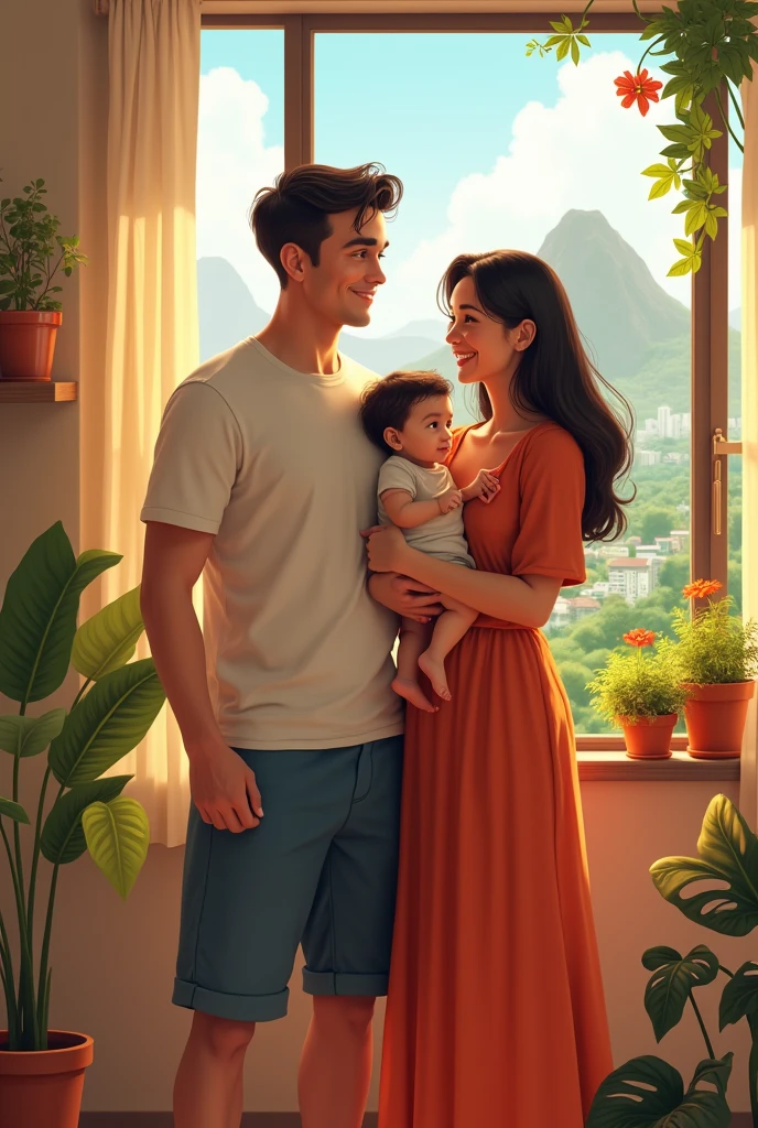 Make a picture of a couple with their two children. Her name is Manu and she is 5 .. His name is Arthur and he was just born. The parents' names are Felipe and Leticia. Everyone is from Rio, brasileiros, white. Felipe is 30 years old and Leticia is 26. They live in Rio de Janeiro.