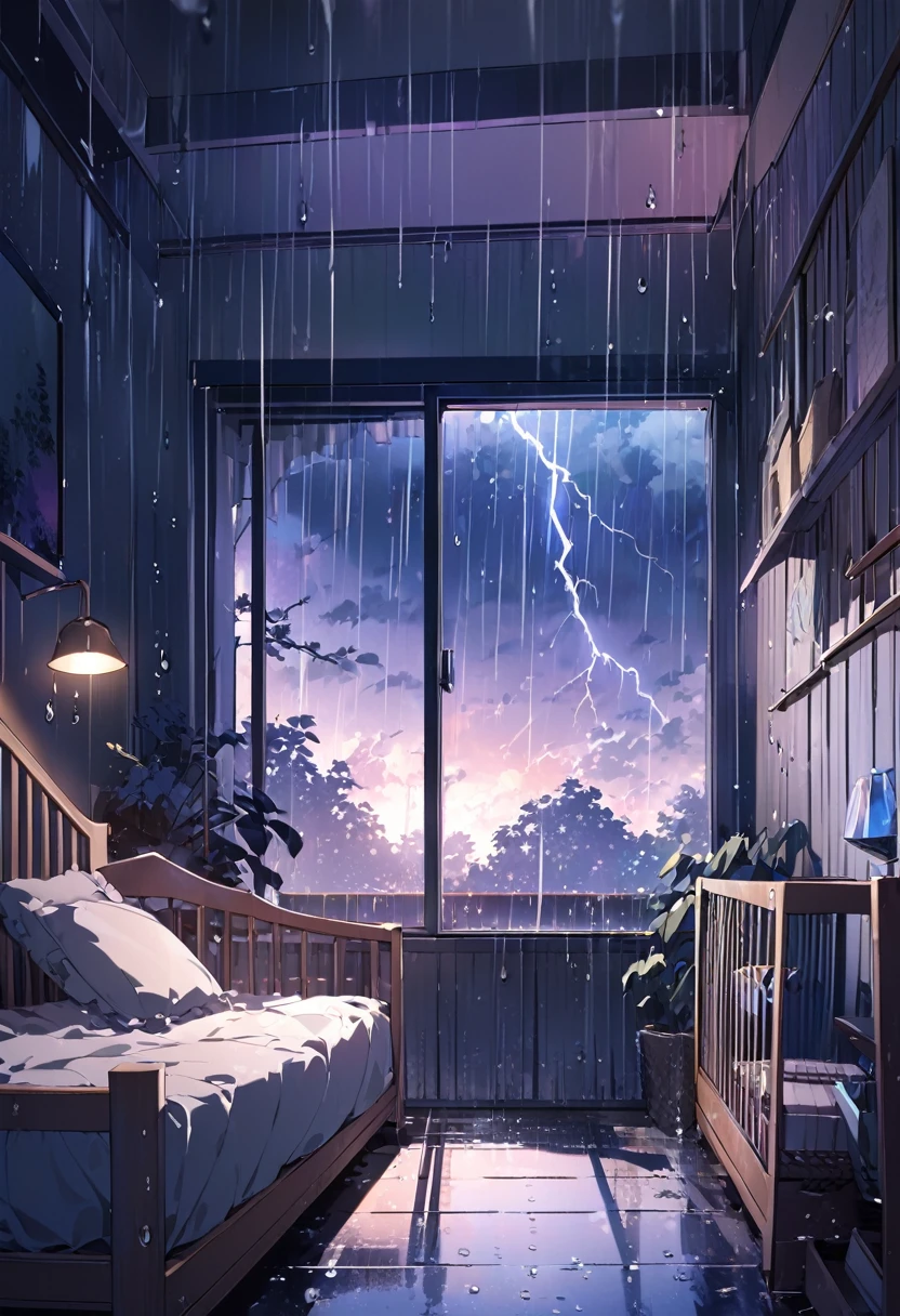 Design a cozy crib in a soft room lit only by the light of lightning. Show rain falling on the window, with drops running.