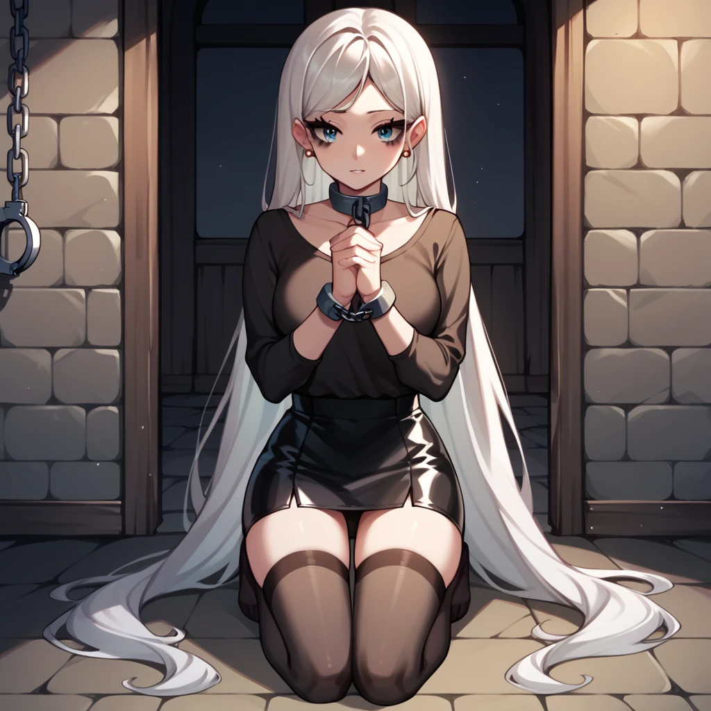 check_9, check_8_up, check_7_up, check_6_up, check_5_up, check_4_up, source_anime, 1 woman, Get on your knees, White hair, straight hair, Very long hair, playful look, WW chain, shackles, Came down with a weapon, doors, clean hair, black top, long sleeves, Short skirt, Short, black nylon thigh high stockings, dungeon, night, Best quality, better resolution, 4k uhd, Is on my knees, leather dog collar with strap, lean girl, thin legs, long eyelashes, mascara, pomade, leather wrist cuffs with chain, Shackled Hands, hands together, leather handcuffs on belts shackled the ankles of the legs, 
 