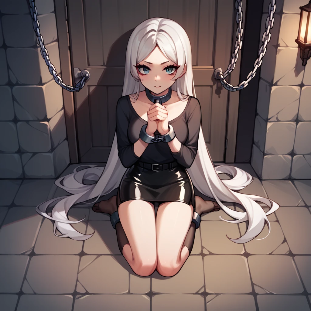 check_9, check_8_up, check_7_up, check_6_up, check_5_up, check_4_up, source_anime, 1 woman, Get on your knees, White hair, straight hair, Very long hair, playful look, WW chain, shackles, Came down with a weapon, doors, clean hair, black top, long sleeves, Short skirt, Short, black nylon thigh high stockings, dungeon, night, Best quality, better resolution, 4k uhd, Is on my knees, leather dog collar with strap, lean girl, thin legs, long eyelashes, mascara, pomade, leather wrist cuffs with chain, Shackled Hands, hands together, leather handcuffs on belts shackled the ankles of the legs, 
 