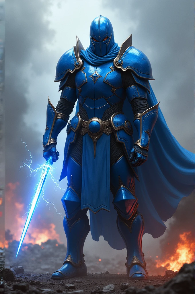 A warrior in blue armor and a blue closed helmet with a lightning bolt in his hand on the battlefield