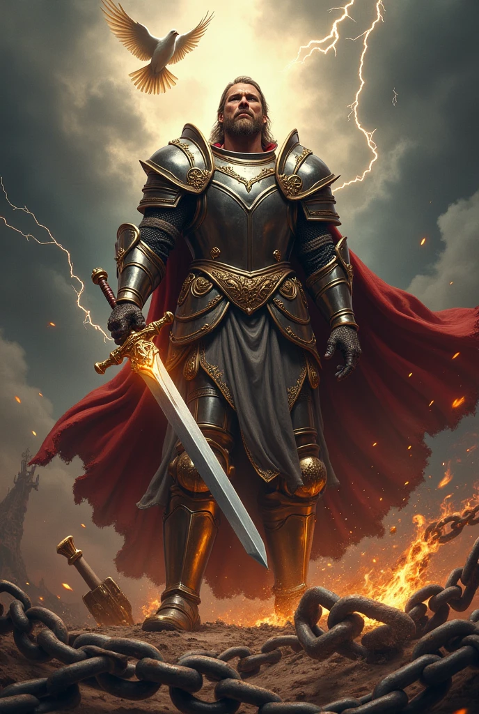 Description of the cover:

fund: The cover background should be a dramatic, dark landscape, perhaps a stormy sky with heavy clouds and lightning flashing in the distance. This setting creates an epic and intense tone..

soldier: In the center of the cover, there is an imposing soldier, dressed in shiny, detailed armor, that reminds me of "God&#39;s armor" described in Ephesians 6. Armor must be meticulously designed, with gleaming plaques and ornamental details that reflect light dramatically.

Action: The soldier is in a dynamic pose, holding a large and powerful sword that is cutting heavy chains. The chains break in many directions, with fragments flying around, symbolizing liberation and the breaking of bonds.

expression: The soldier&#39;s expression is determined and courageous, conveying a sense of courage and determination. His gaze is firm, and your posture conveys strength and confidence.

Additional Detail: Add glow and light around the broken chains and the soldier&#39;s sword and helmet to highlight the action and sense of power.. touches of light can also be added to the armor to give a more heroic effect. a dove symbolizing the holy spirit above 

