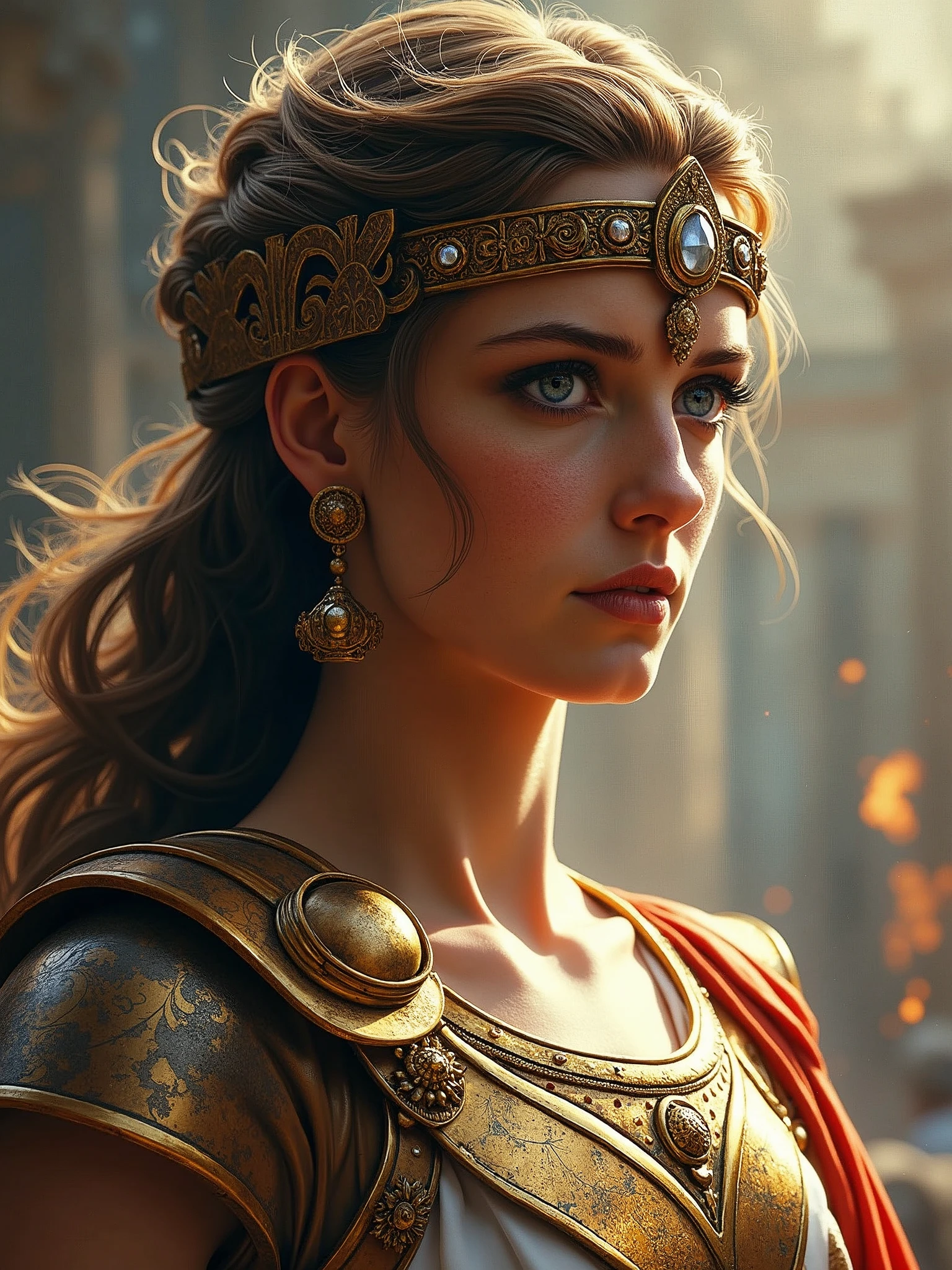 "As you open this book, you are greeted by the striking image of Athena. Her face and eyes is detailed  and study in determination and intelligence, with every line and curve expertly rendered. Her armor is a work of art, each piece crafted with care and attention to detail. The background is a swirling mix of colors, hinting at the epic battles that lie within these pages."