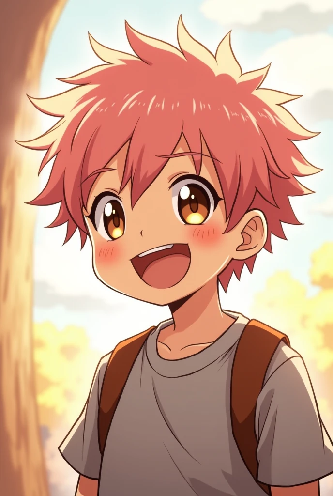 young boy, Smile, Itadori Yuji, brown eyes, pink hair, short hair, anime style jujutsu kaisen. Pregnant 