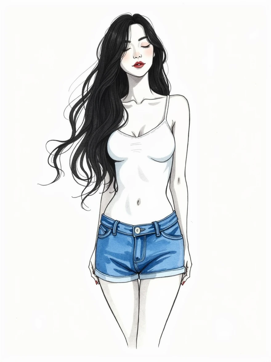 Minimalist Beauty: A Line Art and Watercolor Creation Here's a detailed description of the minimalist artwork you envisioned: Central Figure: Simple Line Art: The beautiful woman is rendered in a simple line art style. This focuses on the essential lines that define her figure and posture. Imagine flowing lines that capture the gentle curve of her back, the relaxed position of her legs, and the cascade of her hair. Watercolor Pencil Colors: Minimal splashes of watercolor pencil colors are used to add subtle depth and emotion to the artwork. Color Palette: Limited and Elegant: The color palette remains minimalist, focusing on black, white, and a single blue hue. Black Outline: The lines defining the woman's outline, hair, and facial features are rendered in black pencil. White Background: The background remains a clean white, emphasizing the simplicity and elegance of the artwork. Blue Shorts: A touch of blue watercolor pencil adds a pop of color to the woman's outfit, highlighting her blue shorts. Details and Expression: Pretty Expression: Despite her eyes being closed, the line art subtly conveys a pretty and serene expression on her face. Imagine a slight upturn of her closed lips and a relaxed curve in her brows. Long Black Hair: The woman's long black hair is depicted flowing down her back and reaching the ground. The black line art could be used to create elegant, cascading lines that capture the movement and texture of her hair. Overall Impression: This artwork would be a captivating example of minimalist beauty. The combination of simple line art and subtle watercolor pencil color conveys a sense of elegance and serenity. The woman's pose, with her eyes closed and hair flowing, evokes a feeling of peacefulness and contemplation. The minimalist approach allows the viewer to appreciate the pure form and beauty of the subject.
