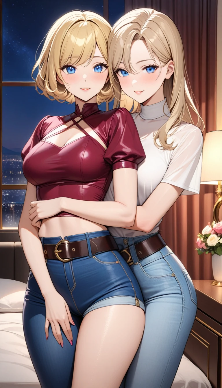 Two beautiful ladies ((lady 1: 35y old mom, with short straight blonde hair, lady 1 with blue eyes and caucasian skin, lady 1 wearing Tight Jeans and Leather Belt, lady 1 Sexy Criss Cross Mock Neck Short Sleeves Burgundy Blouse)), ((lady 2: 13y old daughter, with short straight blonde hair, lady 2 with blue eyes and caucasian skin, lady 2 wearing Tight Jean Shorts and Leather Belt, lady 2 Sexy Criss Cross Mock Neck Short Sleeves Crimson Blouse)), luxurious jewelry, 18k gold wedding ring on left hand, standing in their bedroom at night, hugging and kissing each other, (light brown lipstick), (elegant mascara), (slim body), (small breasts), (wide hips), endjourney, <lora:GoodHands-, <lora:GoodLegs-, UHD, high resolution, (expressive eyes, perfect face, full body, expressive face, perfect body, perfect pussy, athletic, fit, slim body, blushing, Perfect makeup, eyeliner, beautiful eyelashes, smiling, horny face), ((best illumination, best shadows)), ((sexy pose)), ((Front pov:1.1))