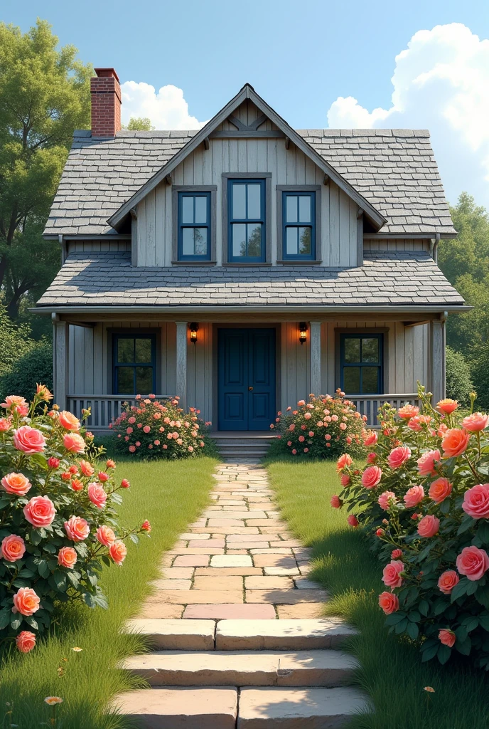 At the end of the fork, On the right, a two-story farmhouse stands, built in light gray wood. The left side has a gable roof., with three huge windows. On the right, three smaller attics, combining, protrude from the gray slate tiles, under which there is a long balcony. The rose beds in front of the building seem to explode with pink-orange flowers., and three stone steps lead to a door painted dark blue.
