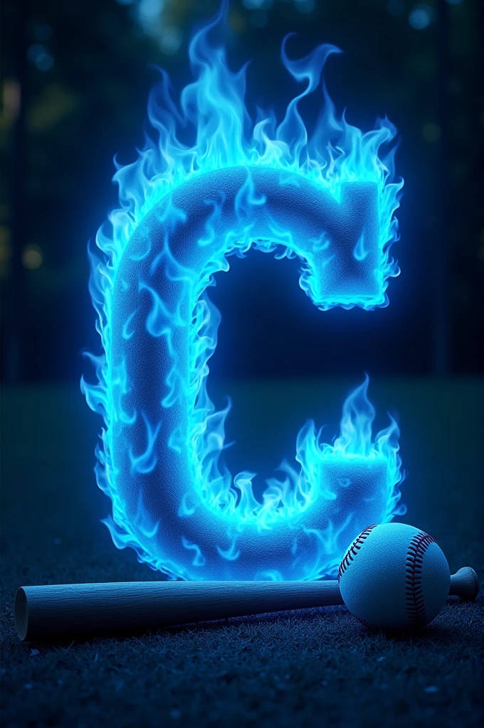 Letter c in blue flames with baseball ball and bat