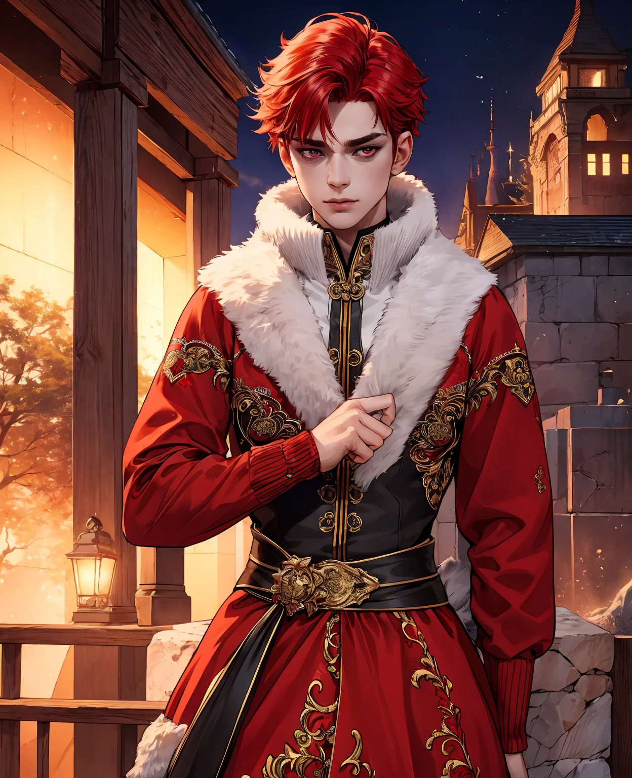 A young man with vibrant red hair, piercing red eyes, wearing normal villager clothes, portrait, highly detailed, photorealistic, 8k, masterpiece, intricate details, (best quality, 4k, 8k, highres, masterpiece:1.2), ultra-detailed, (realistic, photorealistic, photo-realistic:1.37), HDR, UHD, studio lighting, ultra-fine painting, sharp focus, physically-based rendering, extreme detail description, professional, vivid colors, bokeh