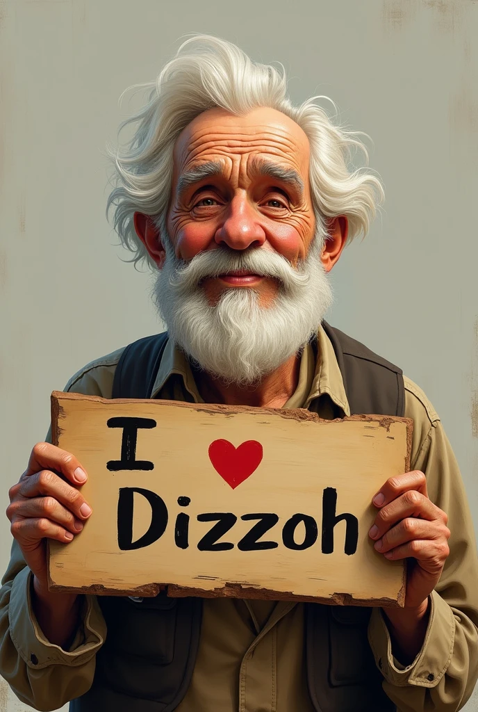 an old man holds up a board with the word (I love Dizzoh) written on it