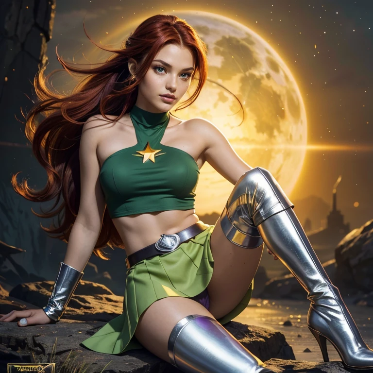 (masterpiece, best quality:1.5), highest quality, High resolution, super detailed, Realists, Full body photo of 18 year old Starfire from Titans, detailed and beautiful green eyes, beautiful detailed lips, very detailed eyes and face, longeyelashes, additional eyebrows in the forehead area, ponytail hairstyle, Beautiful and colorful makeup, Heldenpose, dark red hair, slightly orange skin, bright daylight, bright colors, fine brushstrokes, Portrait style, beautiful color palette, glowing skin, First-class rendering, that captures every detail, enchanting atmosphere, (perfect anatomy:1.2), (The stunning Starfire wears a green top with silver shoulder plate, purple skirt and thigh high silver boots.Teenans animated series 2003, panoramic view:1.2)
