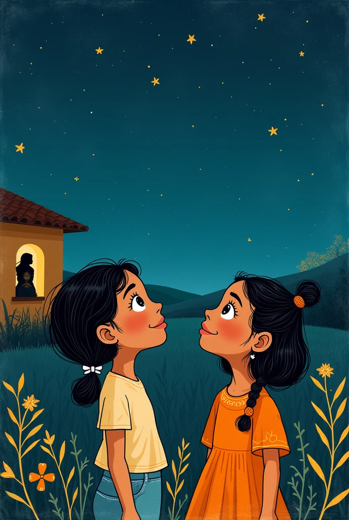 create a drawing that is like hand drawn inspired by the artwork "beds for dreams" by Carmen Lomas Garza in the Mexican style that does not specifically show a bed but two girls as if looking at the sky, a house and the silhouette of a lady inside and all that is in the background and it is night and the moon